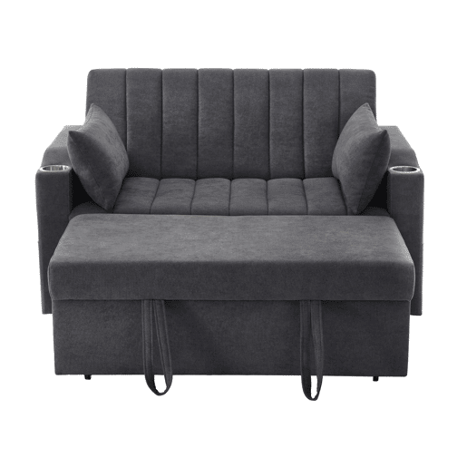 Sofá multifuncional moderno de 2 lugares - Sofá-cama com encosto ajustável, porta-copos e almofadas - Cinza Sofá multifuncional moderno de 2 lugares - Sofá-cama com encosto ajustável, porta-copos e almofadas - Cinza
