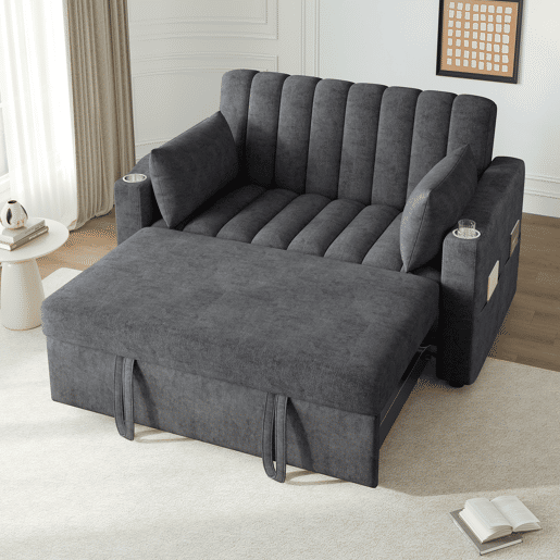 Sofá multifuncional moderno de 2 lugares - Sofá-cama com encosto ajustável, porta-copos e almofadas - Cinza Sofá multifuncional moderno de 2 lugares - Sofá-cama com encosto ajustável, porta-copos e almofadas - Cinza
