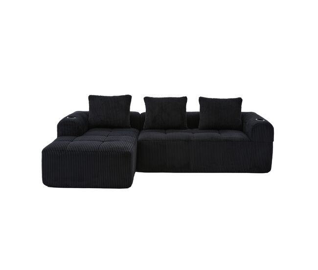 Sofá compacto 4 plazas - modular, con bolsillo lateral y soporte para bebidas - negro