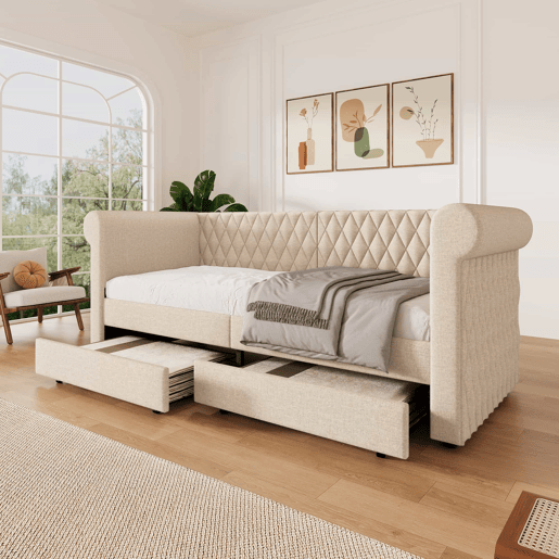 Sofá-cama com 2 gavetas em tecido de linho - 90x200 cm - com estrado de molas - Bege Sofá-cama com 2 gavetas em tecido de linho - 90x200 cm - com estrado de molas - Bege