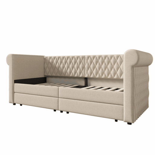 Sofá-cama com 2 gavetas em tecido de linho - 90x200 cm - com estrado de molas - Bege Sofá-cama com 2 gavetas em tecido de linho - 90x200 cm - com estrado de molas - Bege