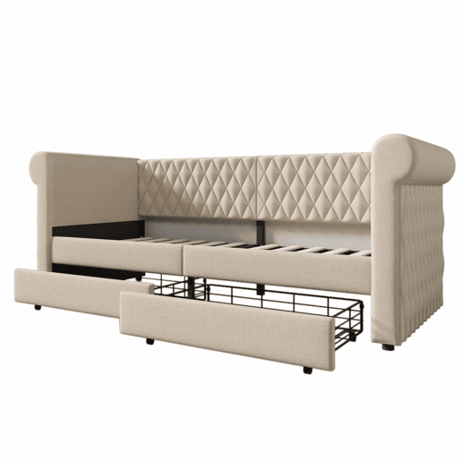 Sofá-cama com 2 gavetas em tecido de linho - 90x200 cm - com estrado de molas - Bege Sofá-cama com 2 gavetas em tecido de linho - 90x200 cm - com estrado de molas - Bege