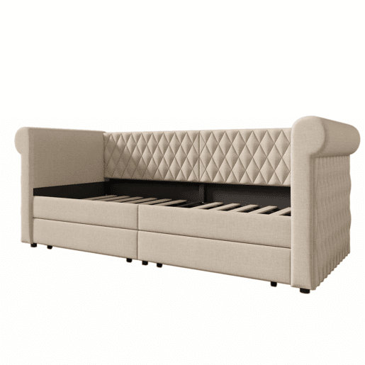 Sofá-cama com 2 gavetas em tecido de linho - 90x200 cm - com estrado de molas - Bege Sofá-cama com 2 gavetas em tecido de linho - 90x200 cm - com estrado de molas - Bege