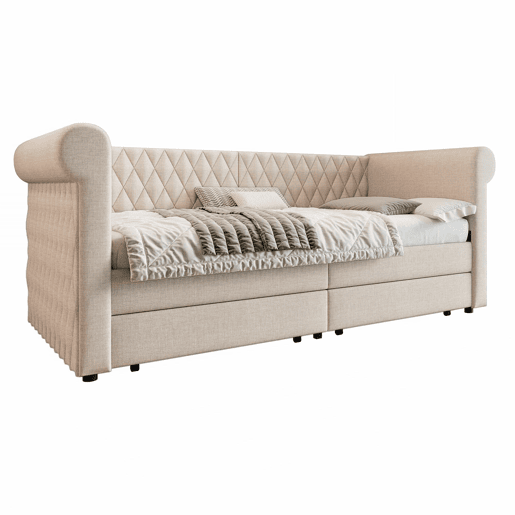 Sofá-cama com 2 gavetas em tecido de linho - 90x200 cm - com estrado de molas - Bege Sofá-cama com 2 gavetas em tecido de linho - 90x200 cm - com estrado de molas - Bege