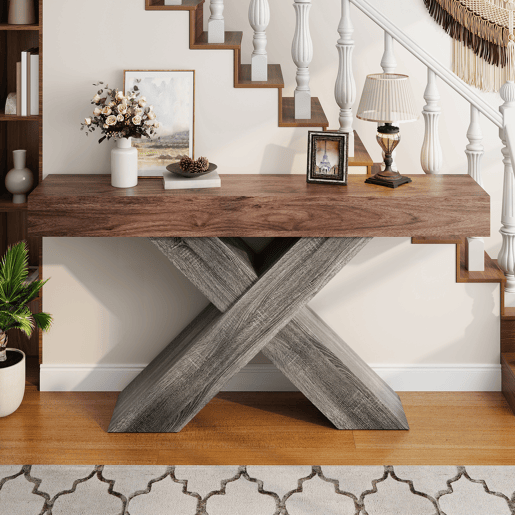 Mesa de console estreita - pés em X, acabamento com efeito de madeira, tampo em aglomerado, para a entrada e a sala de estar - nogueira
