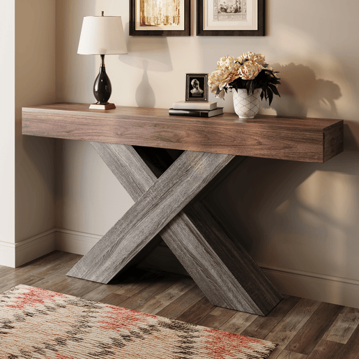 Mesa de console estreita - pés em X, acabamento com efeito de madeira, tampo em aglomerado, para a entrada e a sala de estar - nogueira