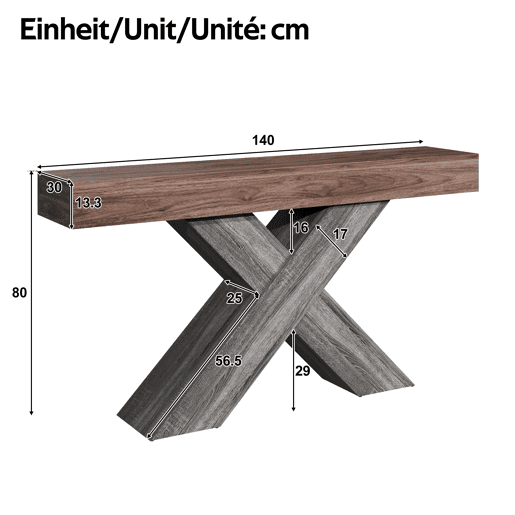 Mesa de console estreita - pés em X, acabamento com efeito de madeira, tampo em aglomerado, para a entrada e a sala de estar - nogueira