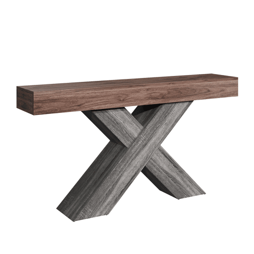 Mesa de console estreita - pés em X, acabamento com efeito de madeira, tampo em aglomerado, para a entrada e a sala de estar - nogueira