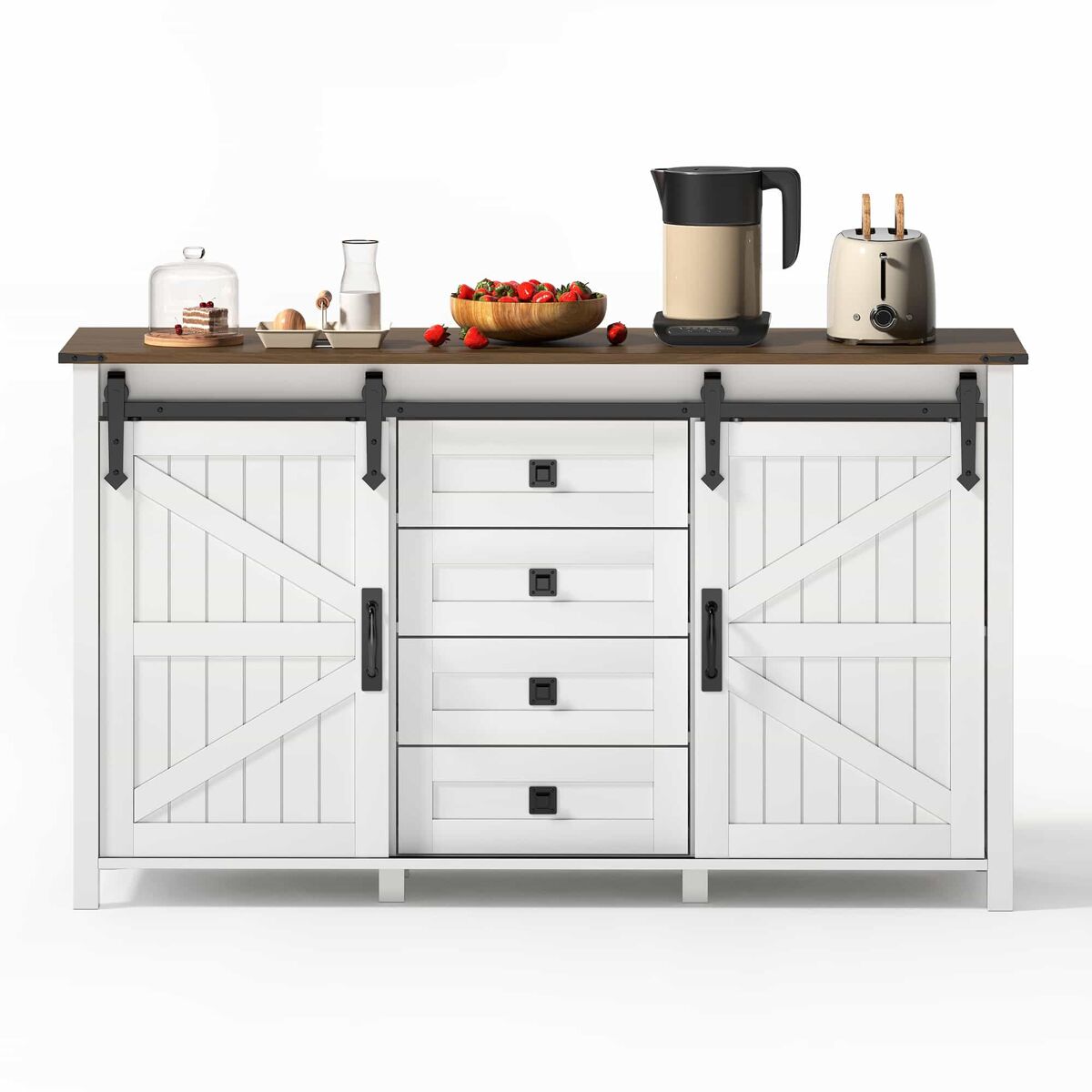 Aparador 137 cm - con puertas correderas y 4 cajones, estilo vintage, mueble de almacenamiento - blanco