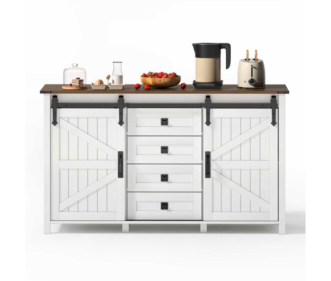 Aparador 137 cm - con puertas correderas y 4 cajones, estilo vintage, mueble de almacenamiento - blanco