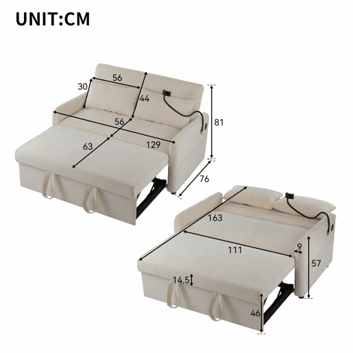 Sofá regulável multi-ângulo convertível em tecido chenille - 2 lugares - com suporte para telemóvel e portas USB - Bege Sofá regulável multi-ângulo convertível em tecido chenille - 2 lugares - com suporte para telemóvel e portas USB - Bege
