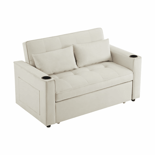 Sofá-cama rebatível multi-ângulo ajustável - 2 lugares - Tecido de veludo - Com suportes para copos e almofadas - Bege Sofá-cama rebatível multi-ângulo ajustável - 2 lugares - Tecido de veludo - Com suportes para copos e almofadas - Bege