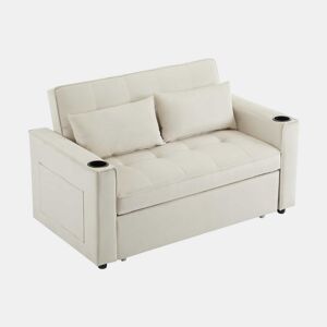 Sofá-cama rebatível multi-ângulo ajustável - 2 lugares - Tecido de veludo - Com suportes para copos e almofadas - Bege