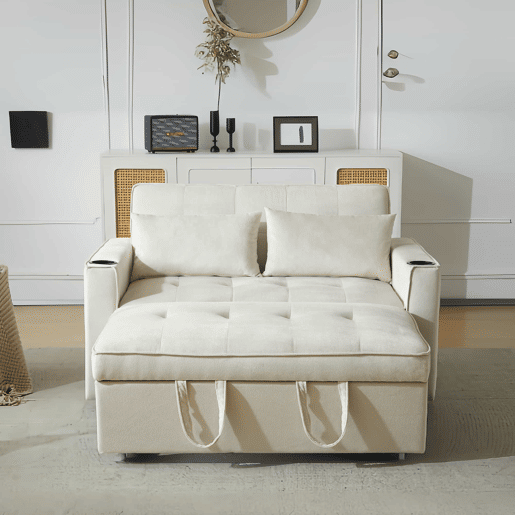Sofá-cama rebatível multi-ângulo ajustável - 2 lugares - Tecido de veludo - Com suportes para copos e almofadas - Bege Sofá-cama rebatível multi-ângulo ajustável - 2 lugares - Tecido de veludo - Com suportes para copos e almofadas - Bege
