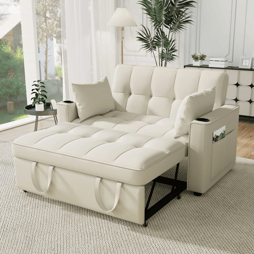 Sofá-cama rebatível multi-ângulo ajustável - 2 lugares - Tecido de veludo - Com suportes para copos e almofadas - Bege Sofá-cama rebatível multi-ângulo ajustável - 2 lugares - Tecido de veludo - Com suportes para copos e almofadas - Bege