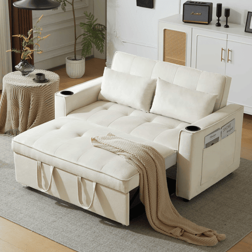 Sofá-cama rebatível multi-ângulo ajustável - 2 lugares - Tecido de veludo - Com suportes para copos e almofadas - Bege Sofá-cama rebatível multi-ângulo ajustável - 2 lugares - Tecido de veludo - Com suportes para copos e almofadas - Bege