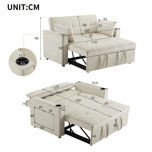 Sofá-cama rebatível multi-ângulo ajustável - 2 lugares - Tecido de veludo - Com suportes para copos e almofadas - Bege Sofá-cama rebatível multi-ângulo ajustável - 2 lugares - Tecido de veludo - Com suportes para copos e almofadas - Bege