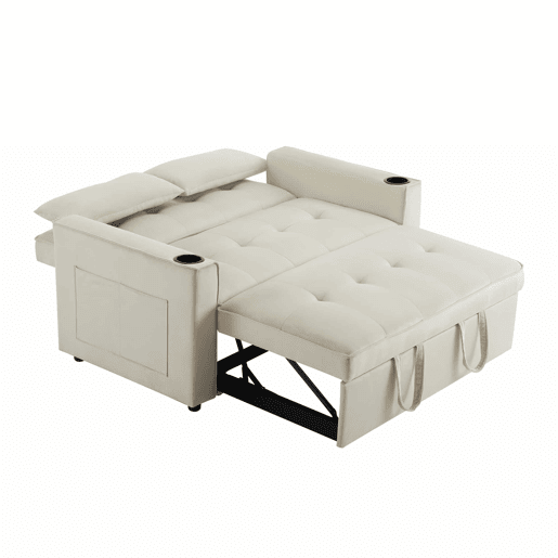 Sofá-cama rebatível multi-ângulo ajustável - 2 lugares - Tecido de veludo - Com suportes para copos e almofadas - Bege Sofá-cama rebatível multi-ângulo ajustável - 2 lugares - Tecido de veludo - Com suportes para copos e almofadas - Bege