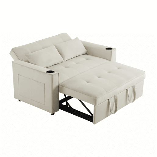 Sofá-cama rebatível multi-ângulo ajustável - 2 lugares - Tecido de veludo - Com suportes para copos e almofadas - Bege Sofá-cama rebatível multi-ângulo ajustável - 2 lugares - Tecido de veludo - Com suportes para copos e almofadas - Bege