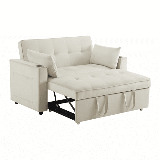 Sofá-cama rebatível multi-ângulo ajustável - 2 lugares - Tecido de veludo - Com suportes para copos e almofadas - Bege Sofá-cama rebatível multi-ângulo ajustável - 2 lugares - Tecido de veludo - Com suportes para copos e almofadas - Bege