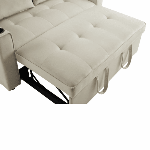 Sofá-cama rebatível multi-ângulo ajustável - 2 lugares - Tecido de veludo - Com suportes para copos e almofadas - Bege Sofá-cama rebatível multi-ângulo ajustável - 2 lugares - Tecido de veludo - Com suportes para copos e almofadas - Bege