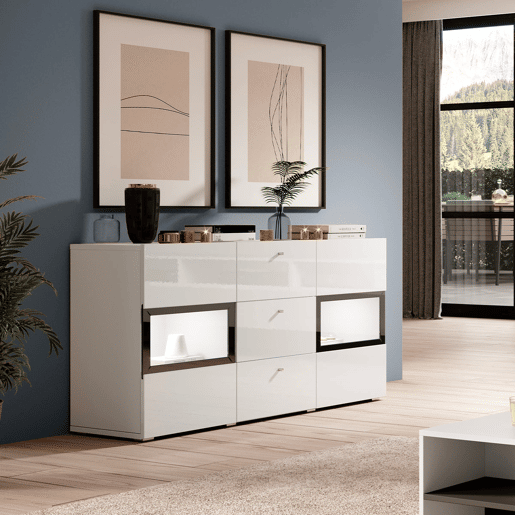 Aparador de 2 portas e 3 gavetas com LED Sloan Branco