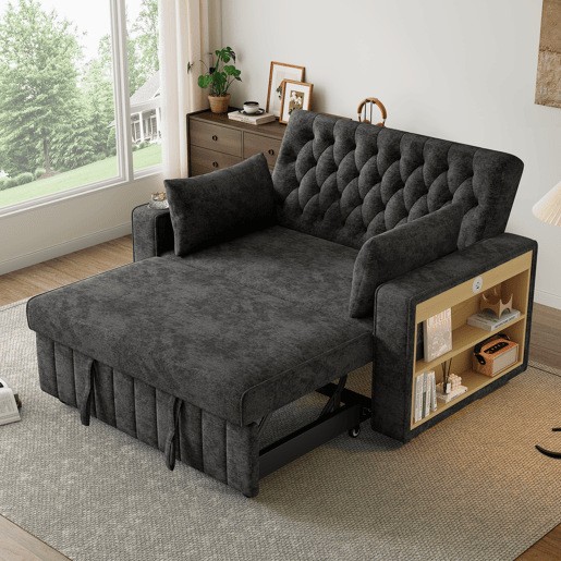 Sofá-cama multifuncional de 3 lugares - com arrumação, função cama, porta-copos, USB e almofadas - Cinza