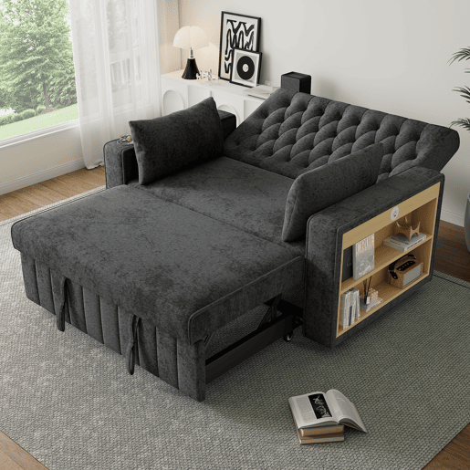 Sofá-cama multifuncional de 3 lugares - com arrumação, função cama, porta-copos, USB e almofadas - Cinza