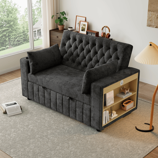 Sofá-cama multifuncional de 3 lugares - com arrumação, função cama, porta-copos, USB e almofadas - Cinza