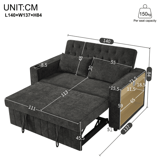 Sofá-cama multifuncional de 3 lugares - com arrumação, função cama, porta-copos, USB e almofadas - Cinza