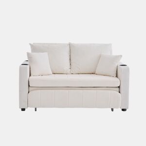 Sofá-cama multifuncional de tecido para 2 pessoas - extensível e dobrável, com bolsos nos braços, porta-carregador USB e porta-copos - chenille bege