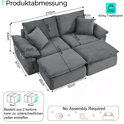 Sofá modular sem estrutura de 2 lugares - sofá Cloud com estofamento macio, sem montagem, com apoio para os pés, bolsos de arrumação, convertível em poltrona-cama - cinzento claro Sofá modular sem estrutura de 2 lugares - sofá Cloud com estofamento macio, sem montagem, com apoio para os pés, bolsos de arrumação, convertível em poltrona-cama - cinzento claro