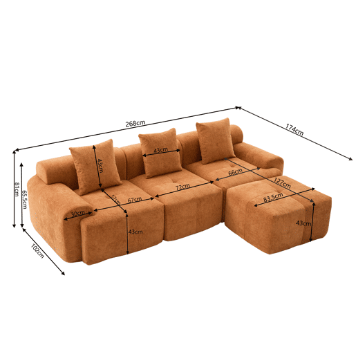 Sofá modular de 3 lugares 268×102×78 cm - em forma de L, sem estrutura, espuma viscoelástica, sem montagem - Laranja Sofá modular de 3 lugares 268×102×78 cm - em forma de L, sem estrutura, espuma viscoelástica, sem montagem - Laranja