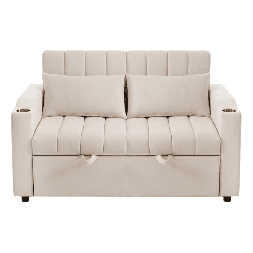 Sofá multifuncional moderno - Sofá-cama com função de descanso, encosto ajustável, com porta-copos e almofadas - Bege