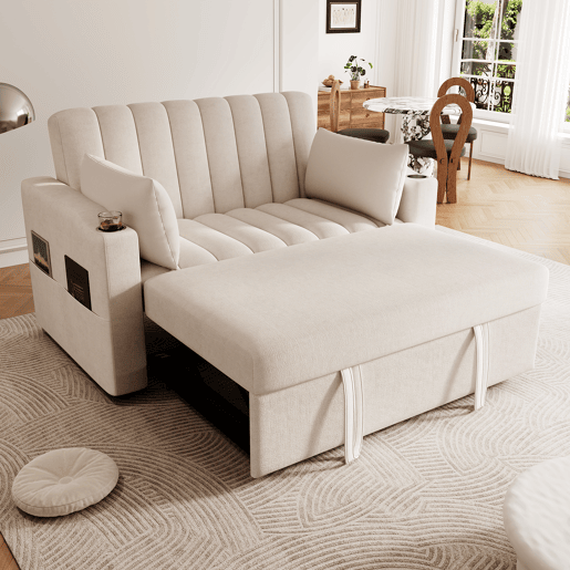 Sofá multifuncional moderno - Sofá-cama com função de descanso, encosto ajustável, com porta-copos e almofadas - Bege