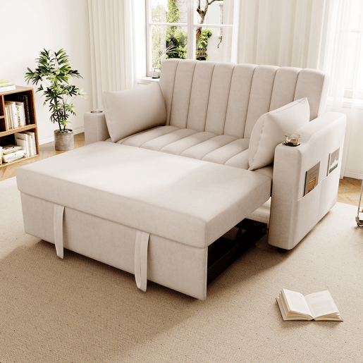 Sofá multifuncional moderno - Sofá-cama com função de descanso, encosto ajustável, com porta-copos e almofadas - Bege
