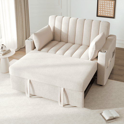 Sofá multifuncional moderno - Sofá-cama com função de descanso, encosto ajustável, com porta-copos e almofadas - Bege
