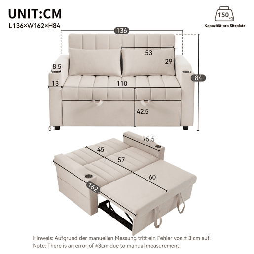 Sofá multifuncional moderno - Sofá-cama com função de descanso, encosto ajustável, com porta-copos e almofadas - Bege