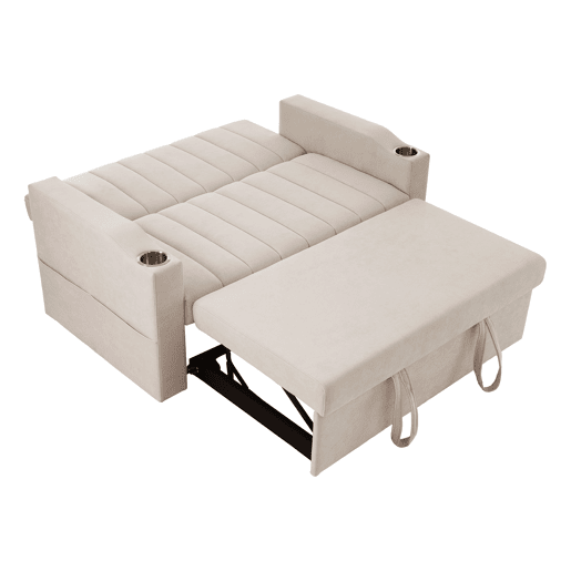 Sofá multifuncional moderno - Sofá-cama com função de descanso, encosto ajustável, com porta-copos e almofadas - Bege