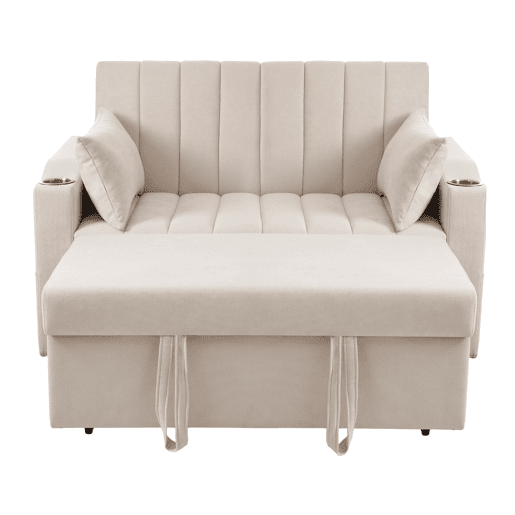 Sofá multifuncional moderno - Sofá-cama com função de descanso, encosto ajustável, com porta-copos e almofadas - Bege
