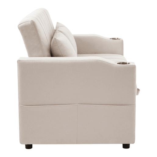 Sofá multifuncional moderno - Sofá-cama com função de descanso, encosto ajustável, com porta-copos e almofadas - Bege