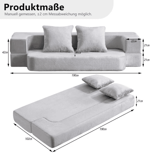 Sofá-cama de 2 lugares - conversível, sem montagem, fácil de transportar - cinzento claro