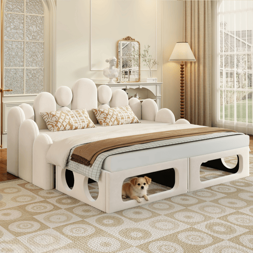 Sofá-cama 180x200 cm - 2 em 1 multifuncional com cama para animais de estimação, estofado em veludo, com base de colchão e encosto - Bege Sofá-cama 180x200 cm - 2 em 1 multifuncional com cama para animais de estimação, estofado em veludo, com base de colchão e encosto - Bege