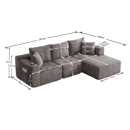 Sofá modular de canto 261×165 cm - em forma de L, assento profundo, sem montagem, com porta-copos - cinzento escuro Sofá modular de canto 261×165 cm - em forma de L, assento profundo, sem montagem, com porta-copos - cinzento escuro