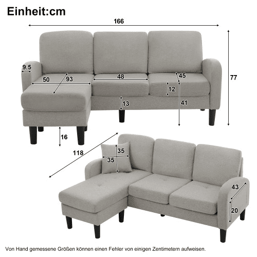 Sofá de canto em L de 3 lugares 166x118 cm - modular com chaise longue - cinzento Sofá de canto em L de 3 lugares 166x118 cm - modular com chaise longue - cinzento