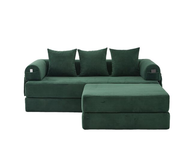 Sofá modular 3 plazas - con hocker, estructura de metal, 3 cojines, extra acolchado, versátil - verde esmeralda
