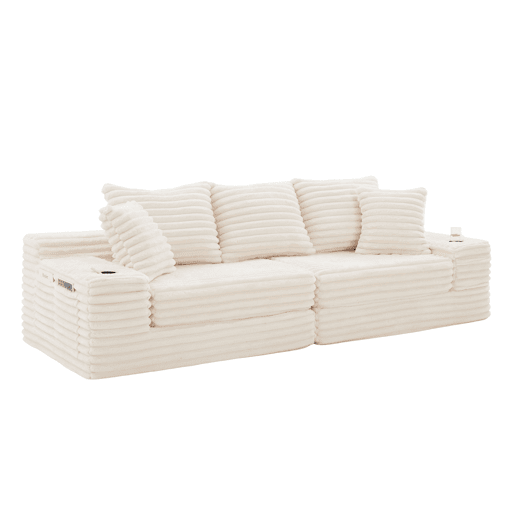 Sofá de 4 lugares - encosto alto, almofadas adicionais, bolsos laterais e porta-copos, convertível em cama, estofamento macio - Bege