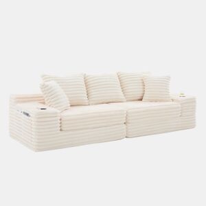 Sofá de 4 lugares - encosto alto, almofadas adicionais, bolsos laterais e porta-copos, convertível em cama, estofamento macio - Bege