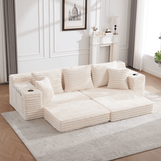 Sofá de 4 lugares - encosto alto, almofadas adicionais, bolsos laterais e porta-copos, convertível em cama, estofamento macio - Bege