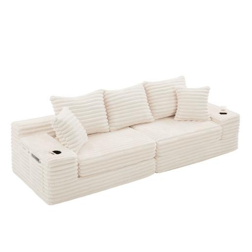 Sofá de 4 lugares - encosto alto, almofadas adicionais, bolsos laterais e porta-copos, convertível em cama, estofamento macio - Bege